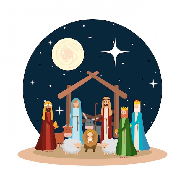 Download Holy family with wise kings and animals | Premium Vector