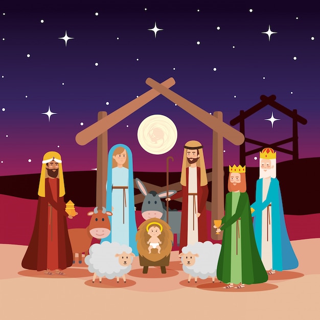 Download Holy family with wise kings and animals Vector | Premium ...