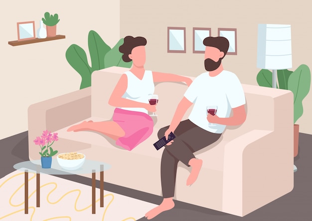 プレミアムベクター ホーム日付フラットカラーイラスト ボーイフレンドとガールフレンドはテレビを見ます カップルはソファ に座ってワインを飲みます 背景にインテリアが付いたロマンチックなパートナー2d漫画のキャラクター