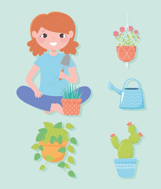 家庭菜園 女の子のシャベルと鉢植えの植物のイラスト プレミアムベクター