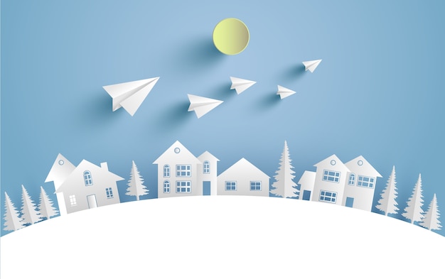 家のイラストや美しい冬の紙飛行機 デザインの紙アートと工芸品 プレミアムベクター