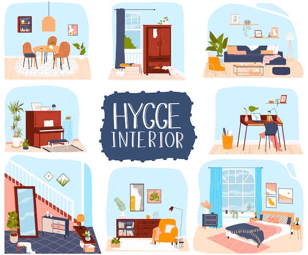 ホームインテリアイラスト 居心地の良い家具とhyggeスタイルの装飾が施された漫画の居間アパートコレクション プレミアムベクター