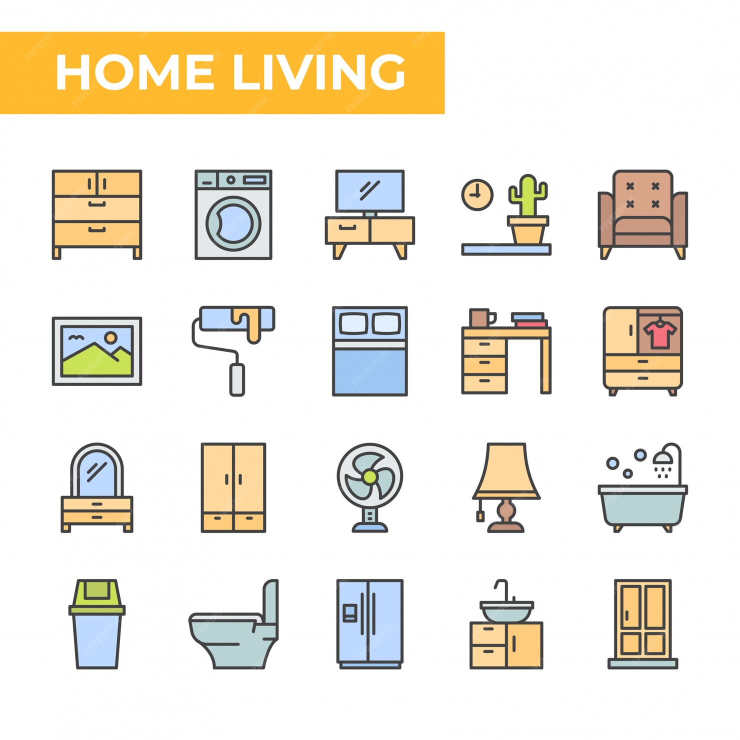 Premium Vector | Home living icon set, filled color style