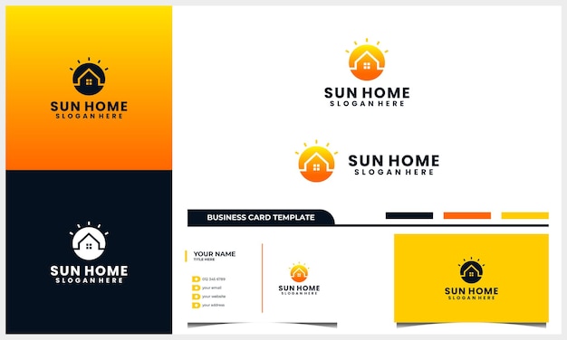 太陽 日の出 日没のロゴと名刺テンプレートのある家または家 プレミアムベクター