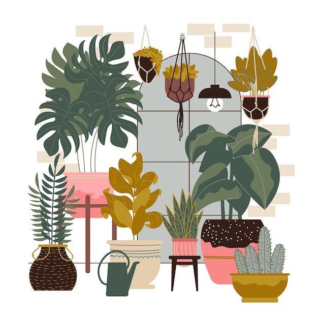 Premium Vector | Home plants composition with indoor scenery with ...