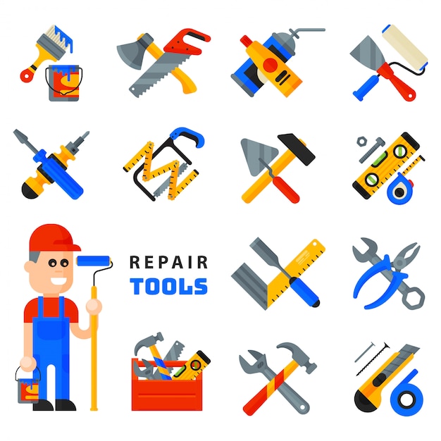 Home repair tools icons working construction equipment set and service worker macter man character f