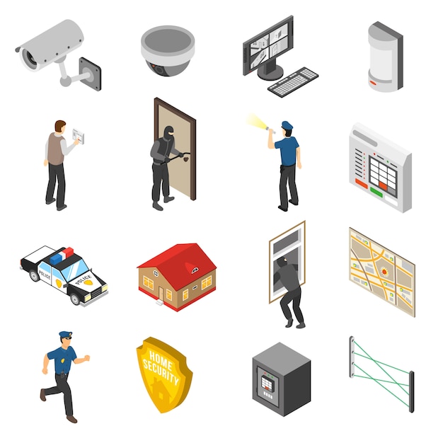 Home security service isometric elements set Free Vector
