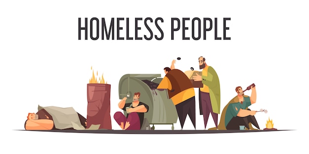 Free Vector Homeless People Gathering Food Bottles From Big Garbage Can And Sleeping Outdoor Flat Cartoon Composition