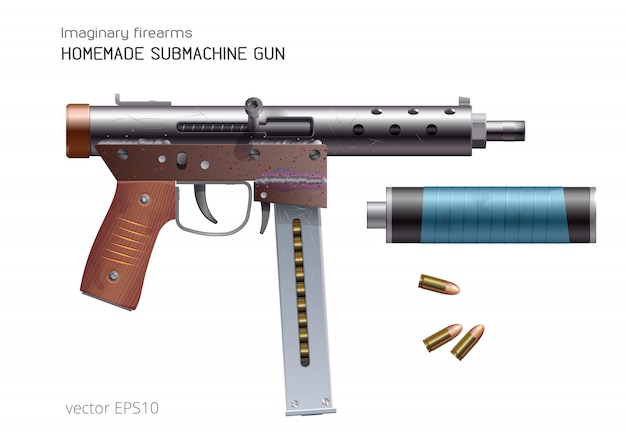 自家製のサブマシンガン ベクトルの現実的な武器 ラフでさびた自動小火器と9mm弾 即興のサイレンサーは青いダクトテープで包まれています プレミアムベクター