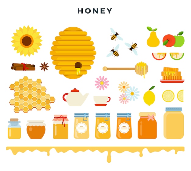 蜂蜜と養蜂 フラットスタイルのアイコンを設定します 蜂 蜂の巣 ハニカム 蜂蜜 養蜂ツール ベクトルイラスト プレミアムベクター