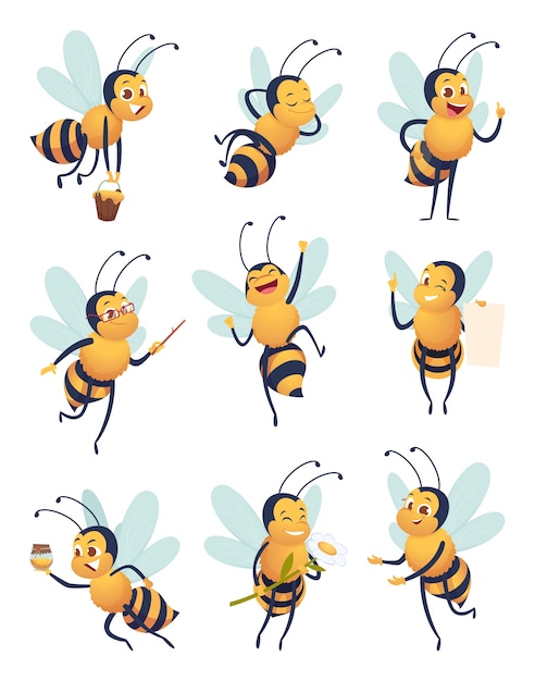 ミツバチ さまざまなポーズで自然昆虫を飛んでいる漫画のキャラクターは 蜂のベクトルのマスコットを配信します 飛んでいる蜂の昆虫 マスコットポーズ養蜂 イラスト プレミアムベクター