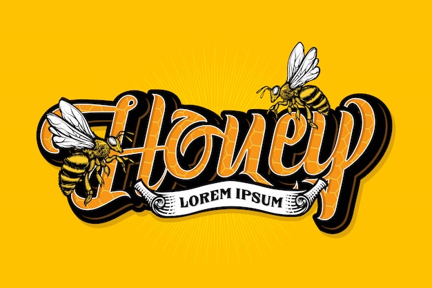 Honey bee lettering with ribbon template Vector | Premium Download