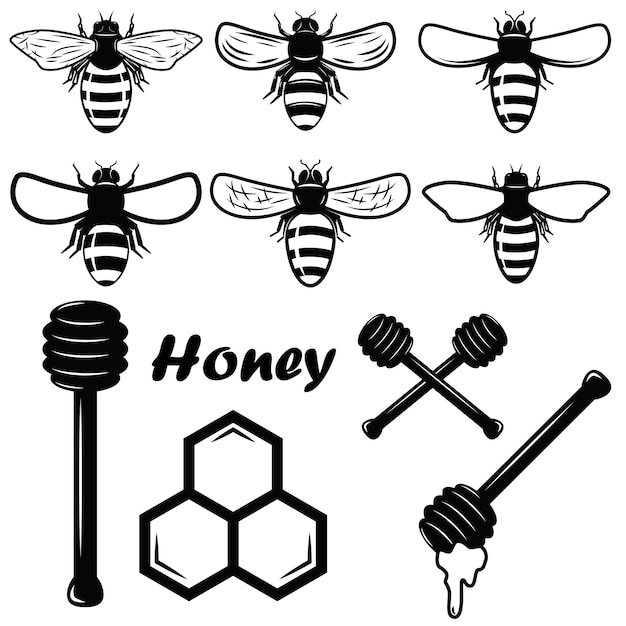 蜂蜜の要素 蜂のイラスト エンブレム 看板 バッジのデザイン要素です 図 プレミアムベクター