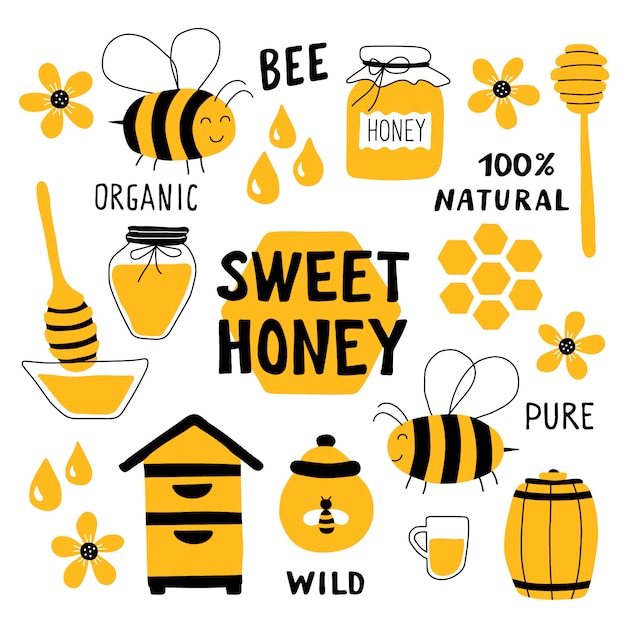 Premium Vector | Honey elements doodle set.