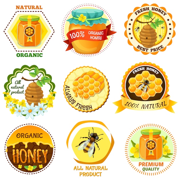 Free Vector | Honey emblem set with descriptions of natural organic ...