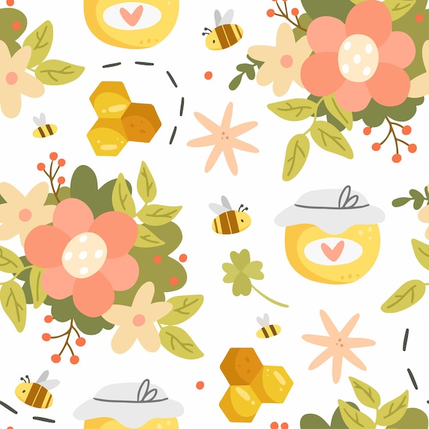 Premium Vector | Honey and flowers seamless pattern