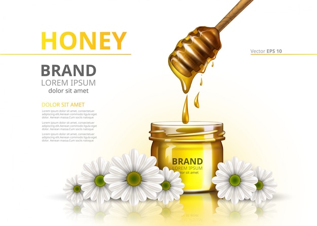 Download Honey jar vector realistic mock up. advertise commertial package on chamomile flower background ...