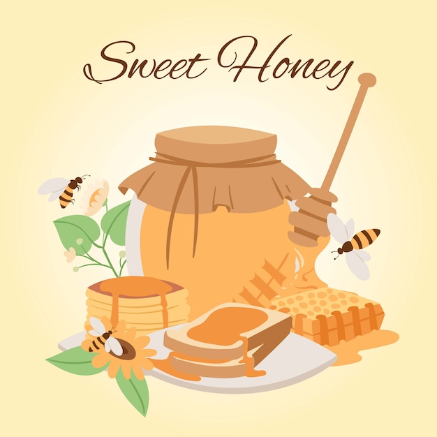 蜂蜜製品漫画イラスト 蜂蜜の瓶 蜂 ハニカムピース パンケーキ オーガニックと天然の蜂蜜 プレミアムベクター