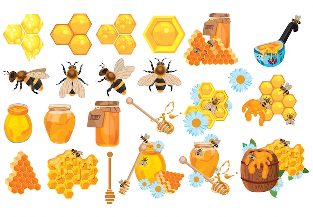 ハニーセット 養蜂のコレクション 漫画養蜂場セット 蜂の巣のイラスト プレミアムベクター