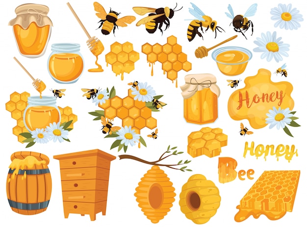 ハニーセット 養蜂のコレクション 蜂の巣 蜂 ハニカムのイラスト プレミアムベクター