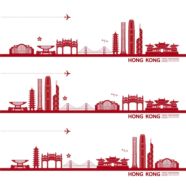 香港旅行先の壮大なイラスト プレミアムベクター