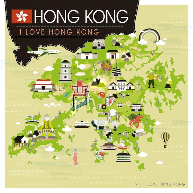 Premium Vector | Hong kong travel map with attractions in flat design