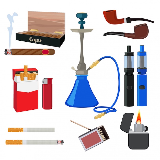 Hookah, tobacco, cigarette and other different tools for smokers Premium Vector