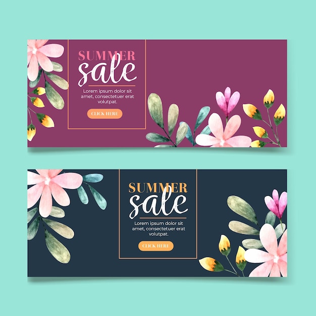 Download Horizontal banner collection for sale with watercolor flowers | Free Vector