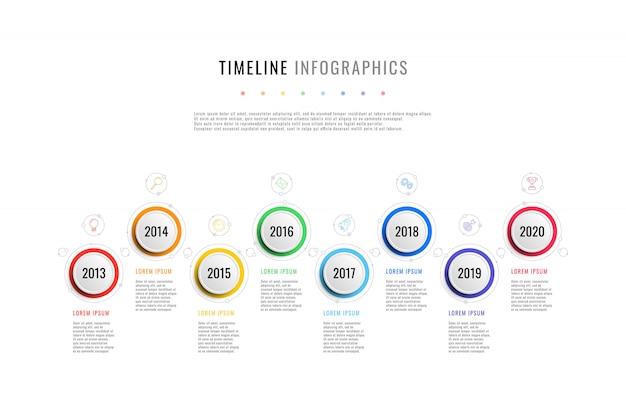 Horizontal business timeline with 8 round elements, year indication and ...