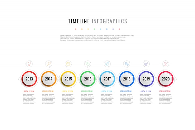 Horizontal business timeline with 8 round elements, year indication and text boxes Premium Vector