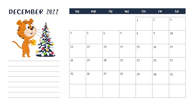 December Calendar 2022 Christmas Premium Vector | Horizontal Desktop Calendar Page Template For December 2022.  Tiger Dresses Up A Christmas Tree.