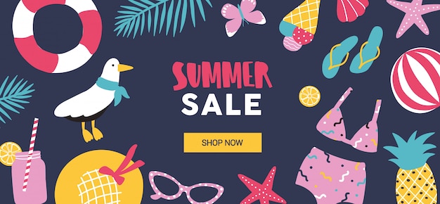 Premium Vector Horizontal Web Banner Template Decorated With Summer Tropical Vacation Attributes On Black Background