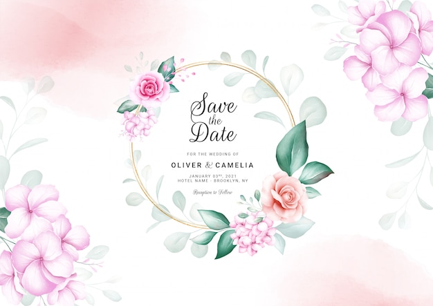 Download Premium Vector Horizontal Wedding Invitation Card Template With Watercolor Floral Frame And Border