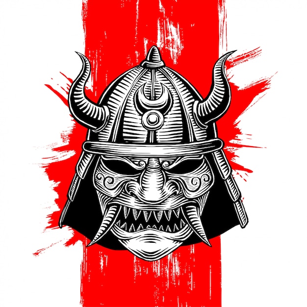 Horned samurai war helm illustration | Premium Vector