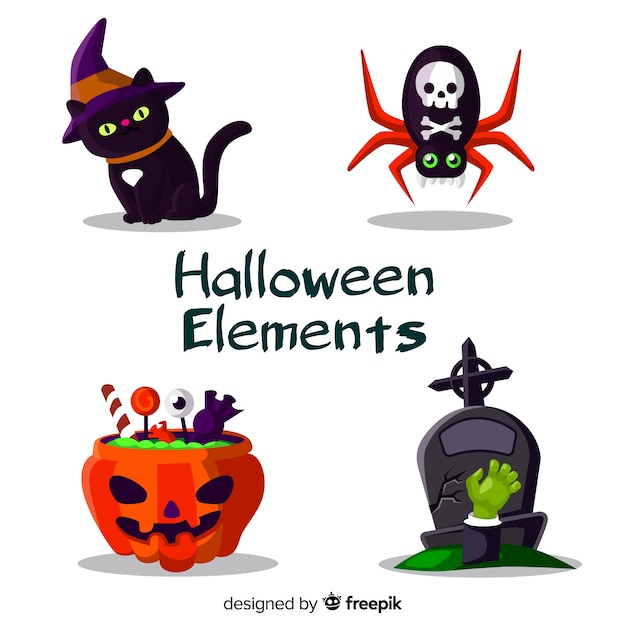 Horrific halloween elements with flat design Free Vector