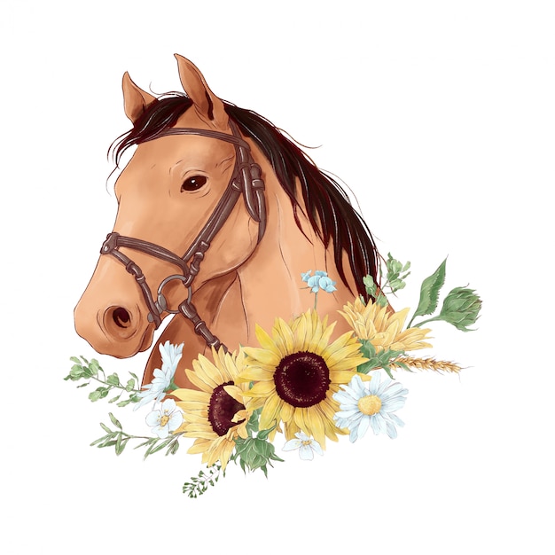 Download Horse portrait in digital watercolor style and a bouquet ...