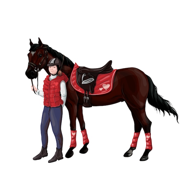 Horse and rider girl woman in ammunition for jumping Premium Vector