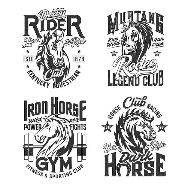 Premium Vector Horse Stallion Mascot T Shirt Print Template Mustang Horse Muzzle With Waving Mane Engraved Vector Equestrian And Rodeo Sport Fitness Gym And Racing Club Apparel Custom Design Print With Mascot