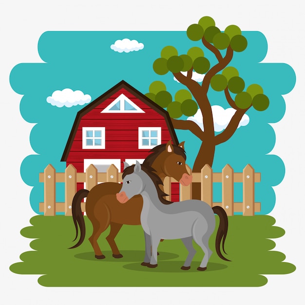 Horses In The Farm Scene Vector 