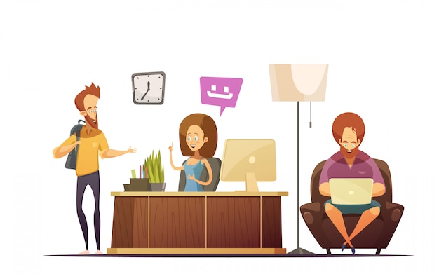 Hostel reception cartoon design concept with administrator talking Free Vector