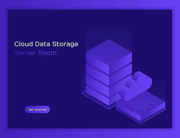 クラウドデータストレージとサーバールームでのホスティング クラウドを使用したサーバールームのファイルストレージ アイソメ図スタイルのモダンなイラスト プレミアムベクター