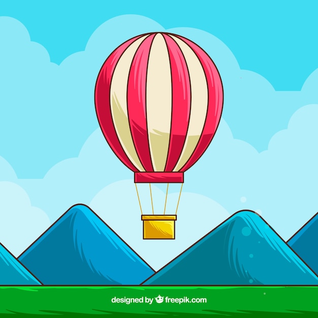 Hot air balloon background with sky in hand\
drawn style