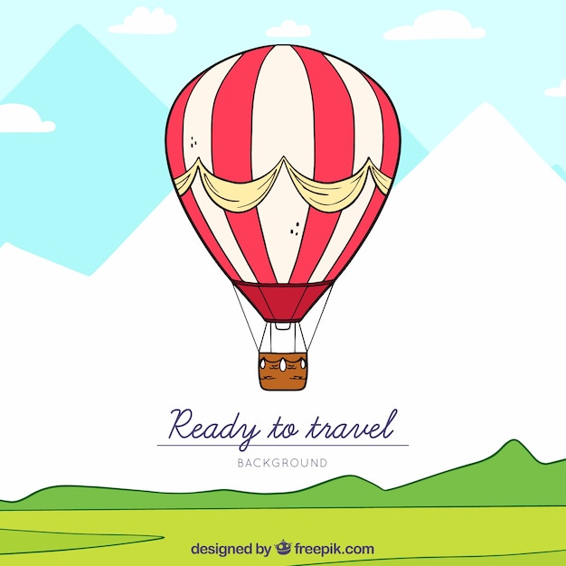 Hot air balloon background with sky in hand
drawn style