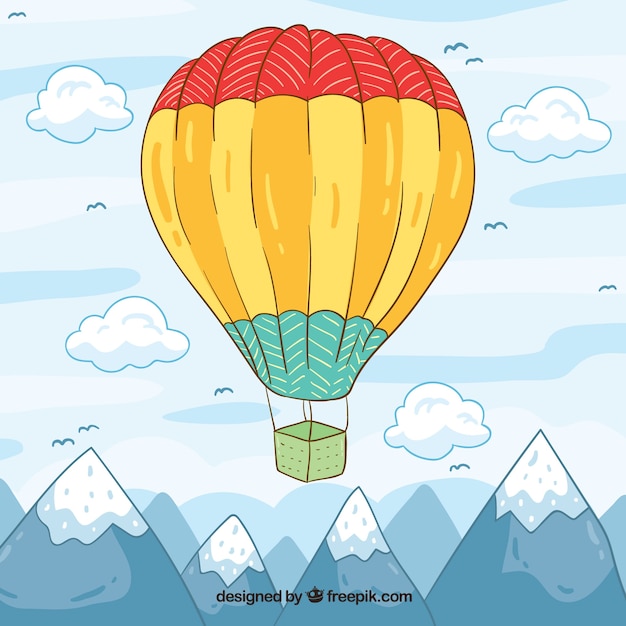 Hot air balloon background with sky in hand
drawn style