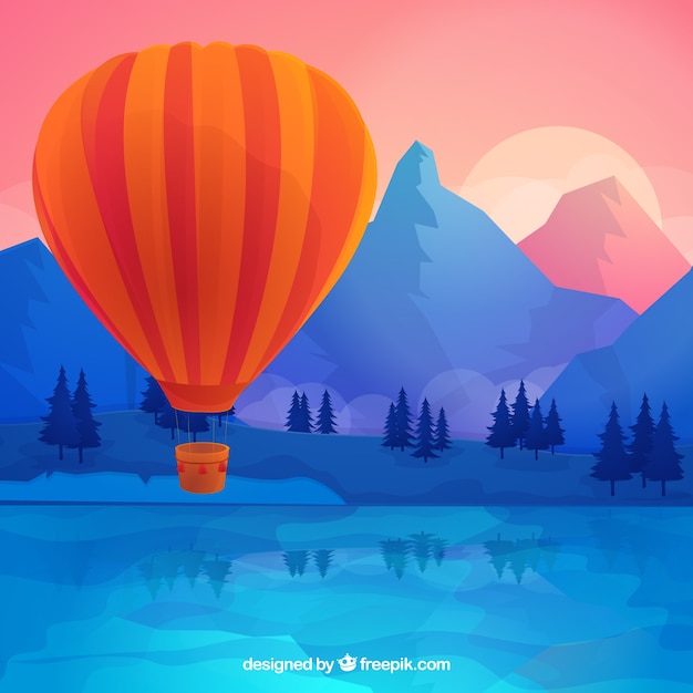 Hot air balloon background with sky in hand\
drawn style