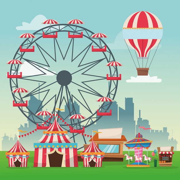 Premium Vector | Hot air balloon ferris wheel carousel striped tents ...