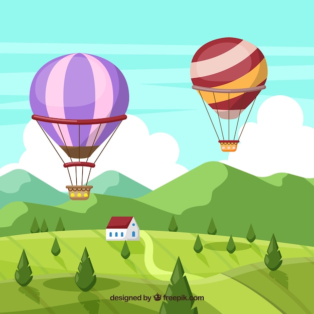 Hot air balloons background in the sky with\
clouds