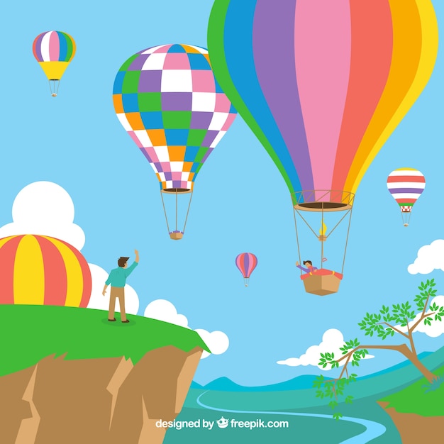 Hot air balloons background with\
landscape
