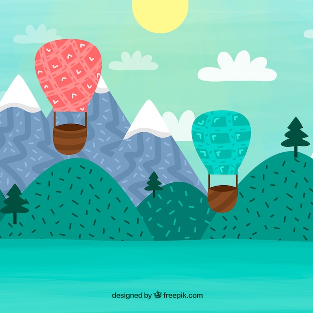 Hot air balloons background with sky in hand
drawn style