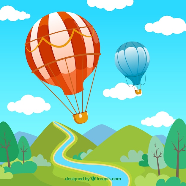 Hot air balloons background with sky in hand\
drawn style